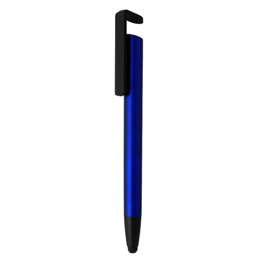 HALTER, plastic touch pen with mobile phone holder, metallic blue