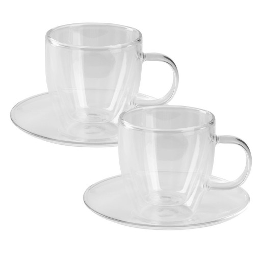 PIGNA MINI, two double wall glass espresso cups with saucers in a set, 2 x 100 ml, transparent