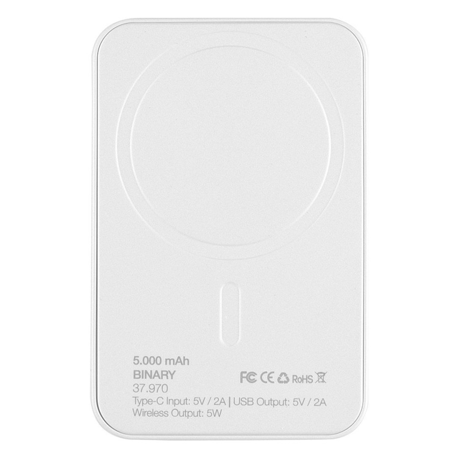 BINARY, power bank with magnet, 5.000 mah, wireless charger, 5w, white