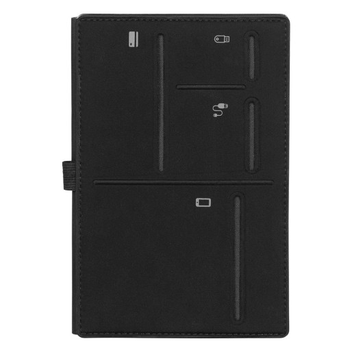 PRAKTIK, notes a5 sa dodatnim džepovima za telefon, kartice, kablove i usb, crni