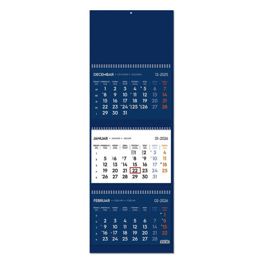 POSLOVNI 73, wall calendar, 3 parts, 3 x 12 pages, format 23 x 51 cm, blue