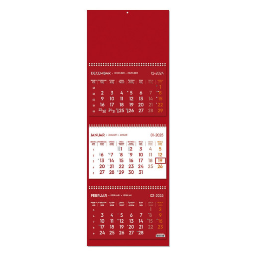 POSLOVNI 73, zidni kalendar: 3 x 12 listova, tromesečni, trodelni, crveni