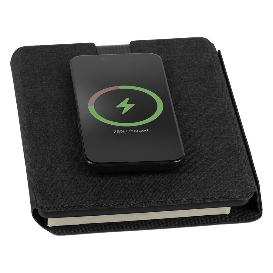 MAGNOTE 3IN1, portfolio case with a5 notebook, power bank 5.000 mah, wireless charger for three devices and magnet, black