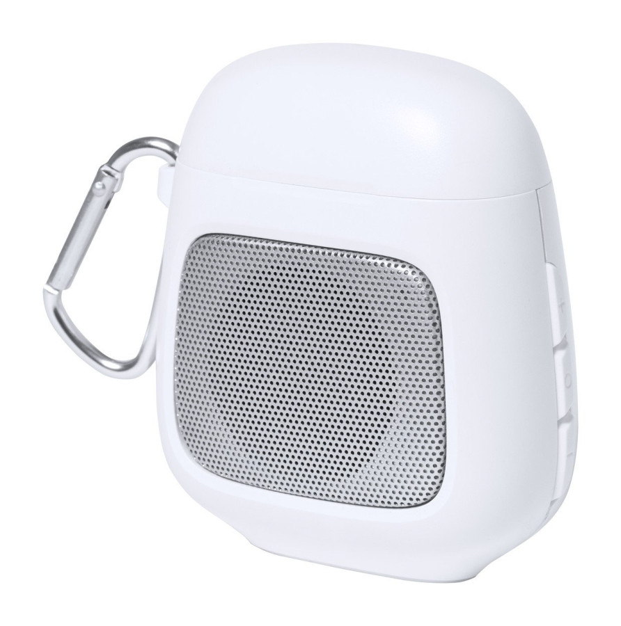 Boxy bluetooth speaker with earphones