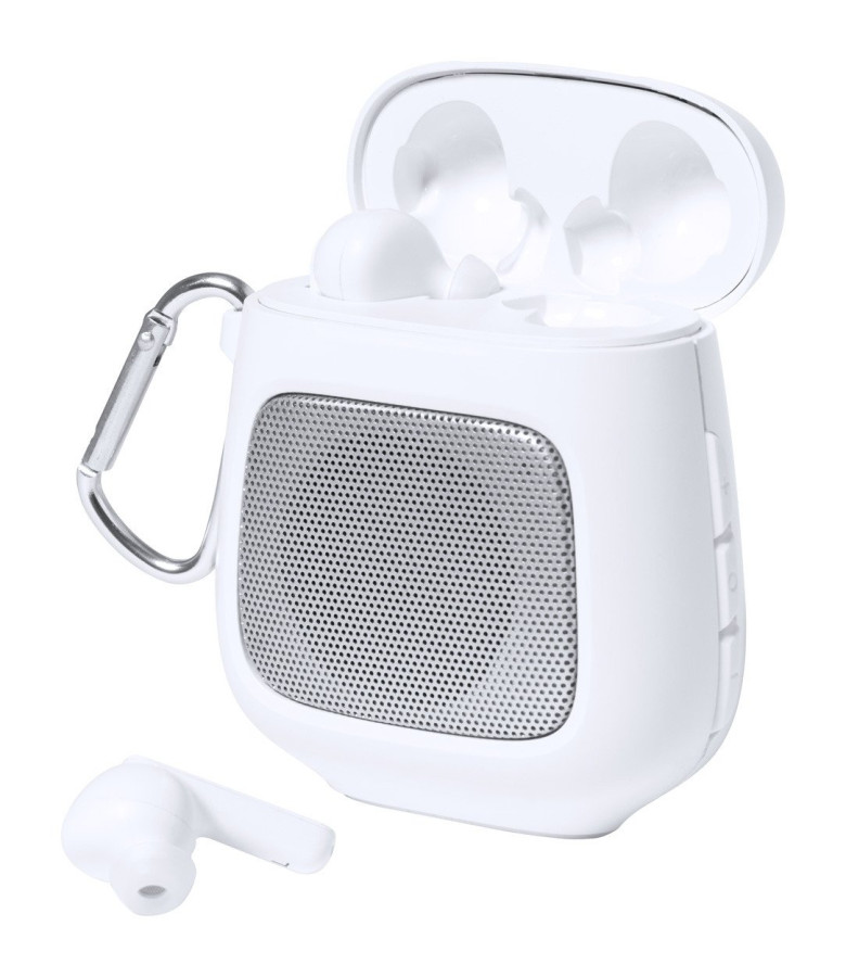 Boxy bluetooth speaker with earphones