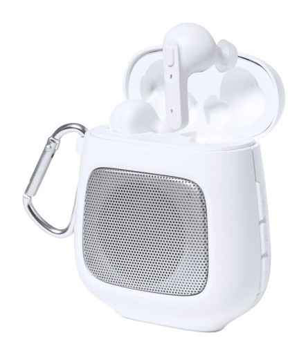 Boxy bluetooth speaker with earphones
