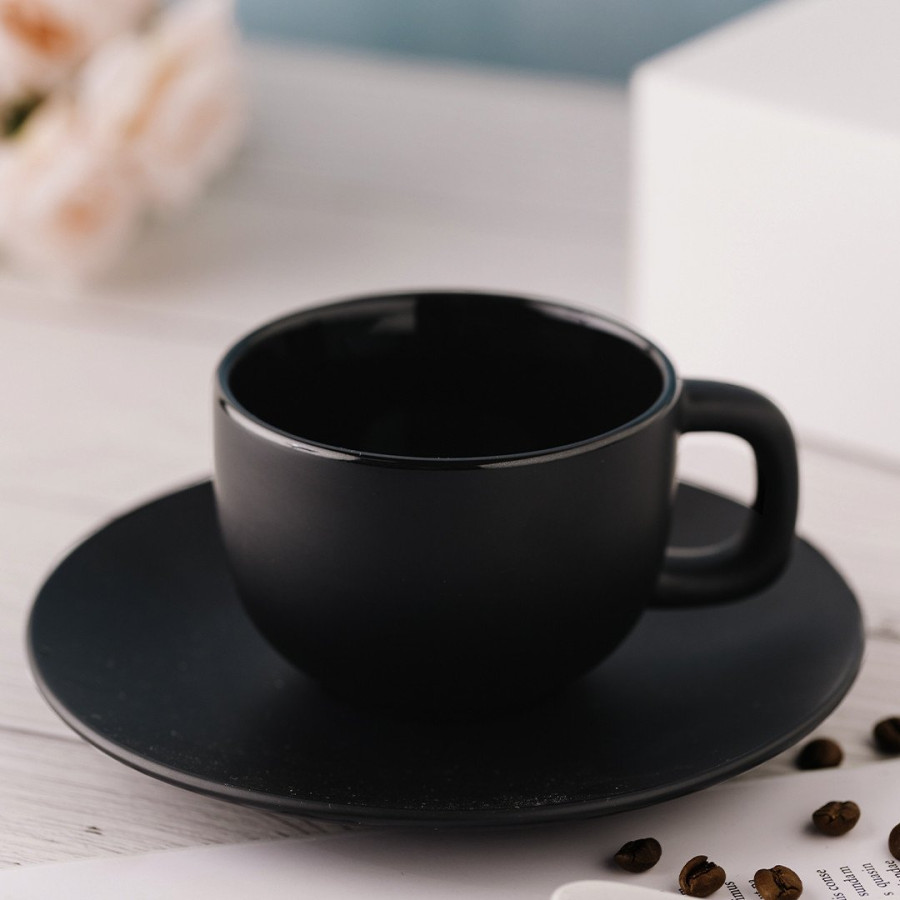 TOTEM, stoneware cappuccino cup and saucer, 200 ml, black