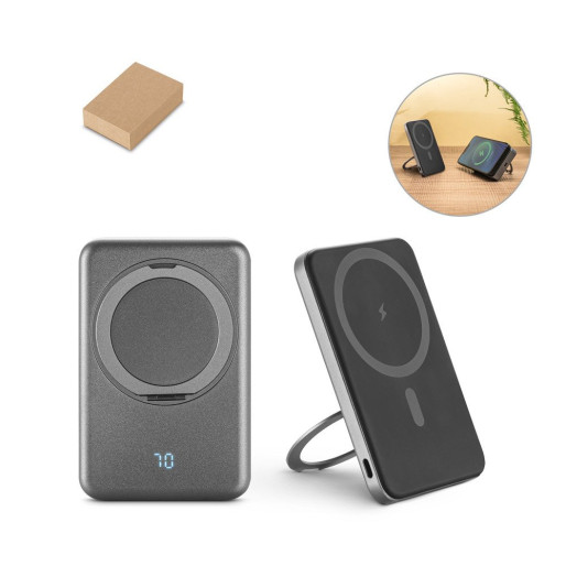 WARSHEL 5. Magnetni bežični punjač od 5'000 mAh sa superbrzim bežičnim punjačem od 15W u recikliranom ABS-u (100% rABS) sa stalkom