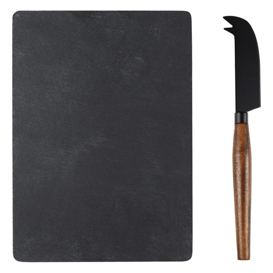 UMAMI, slate stone serving platter and cheese knife with wooden handle, 2/1, brown