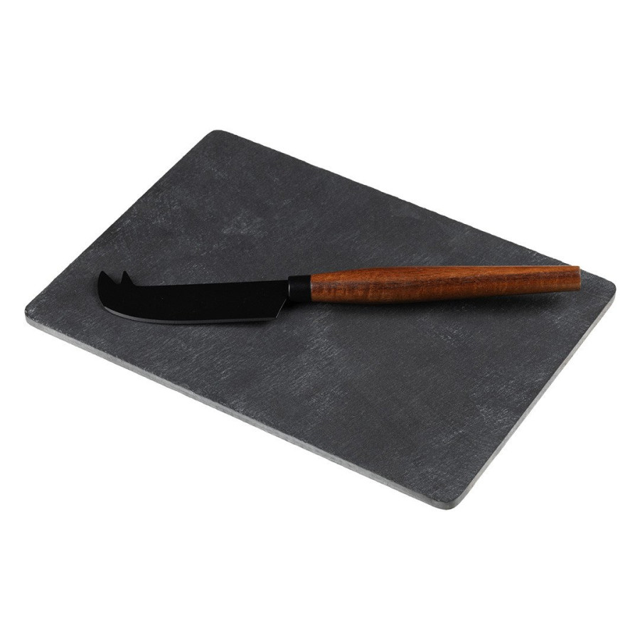 UMAMI, slate stone serving platter and cheese knife with wooden handle, 2/1, brown