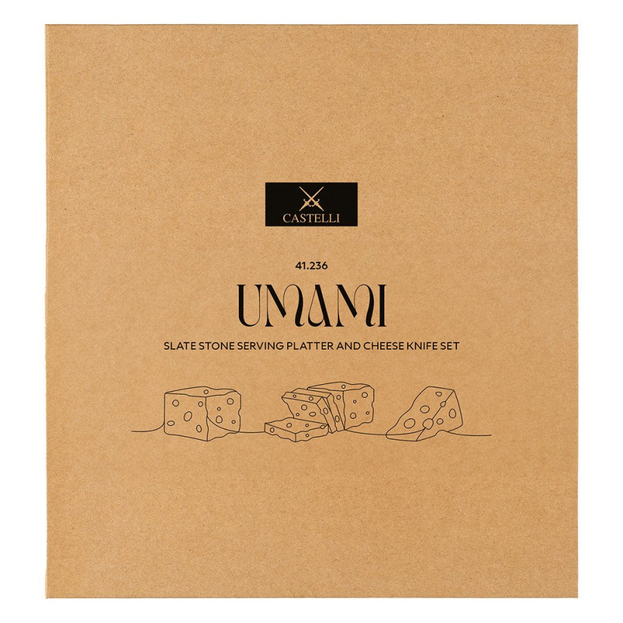 UMAMI, set kamena ploča i nož za sir sa drvenom drškom, 2/1, braon
