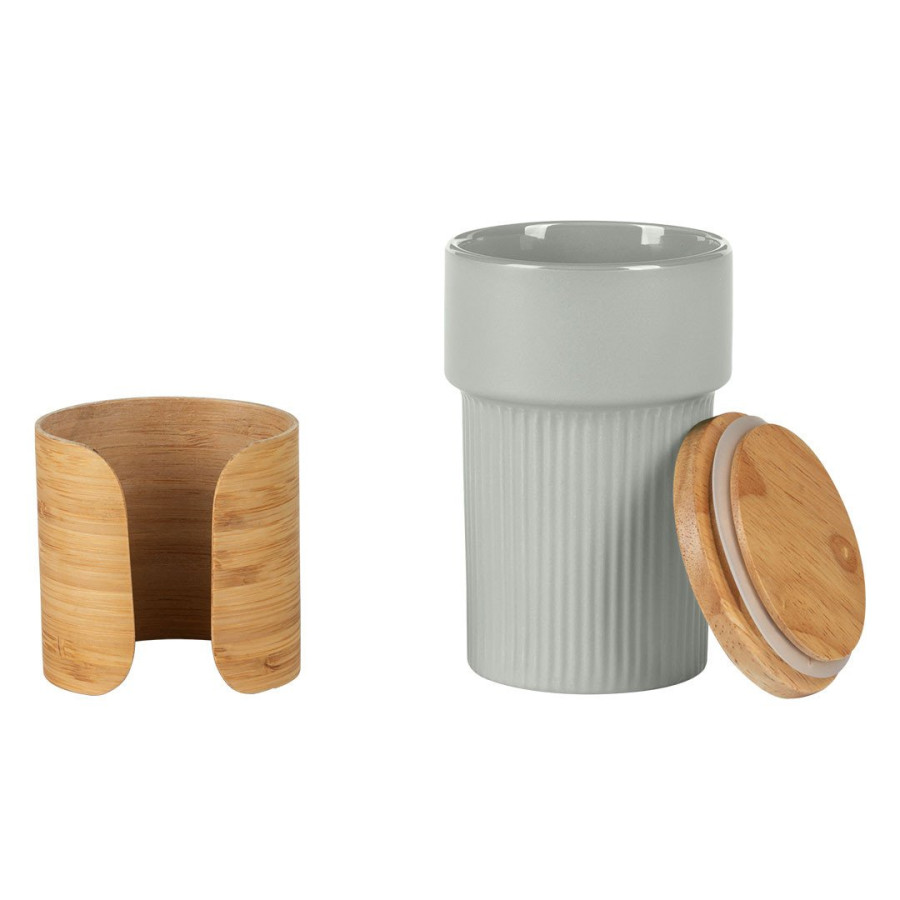 LARS, stoneware mug with bamboo lid and holder, 340 ml, gray
