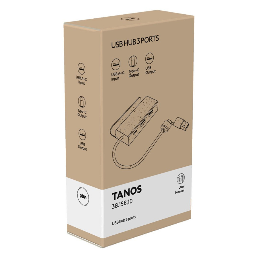 TANOS, 3 ports usb hub, phone holder, black