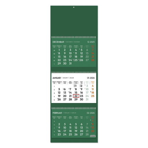 POSLOVNI 73, wall calendar, 3 parts, 3 x 12 pages, format 23 x 51 cm, green