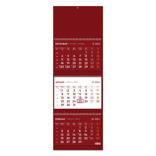 POSLOVNI 73, zidni kalendar: 3 x 12 listova, tromesečni, trodelni, bordo