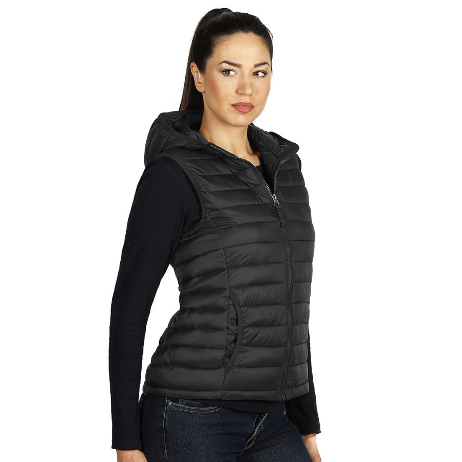 JET WOMEN, women's light padded, fully zippered winter vest with hood, black