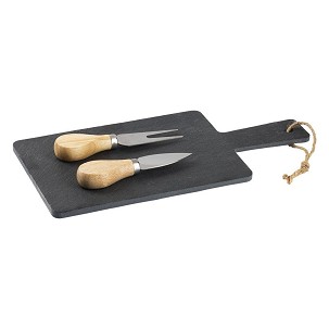 OLIO, slate stone serving platter and cheese set with wooden handles, 3/1, beige