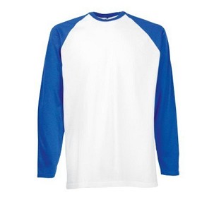 Fruit of the Loom, Baseball T, Men's Cotton Long Sleeve Cotton T-shirt, White & Blue, 2XL